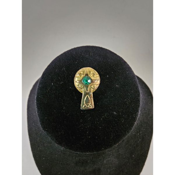 Vintage Celtic Gold Tone & Green Rhinestone Lapel Pin