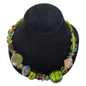 Swirl Glass Bead Choker Necklace Green Brown Multi-color 18 Inch