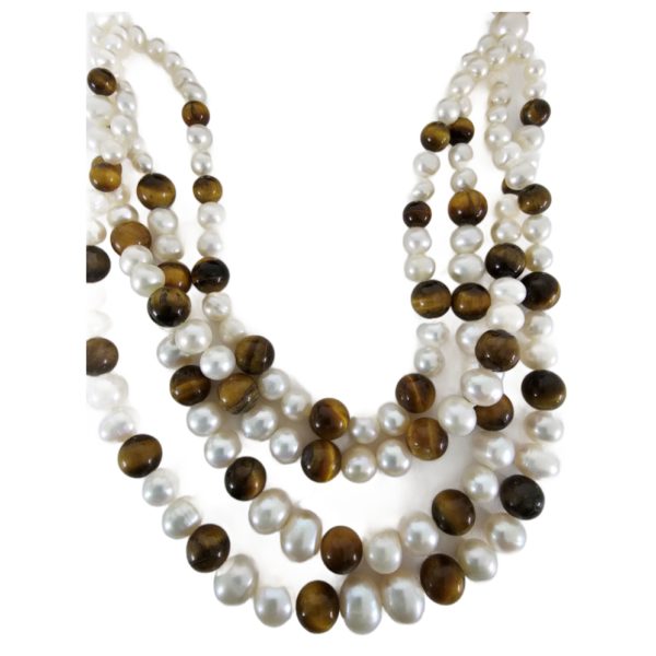 Pearl & Tiger's Eye Ball Necklace Graduated Four Strand 925 Sterling Silver Clasp 22 Inch