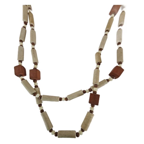 Vintage Tan, Brown, Red Natural Wood Bead Necklace 46 Inch