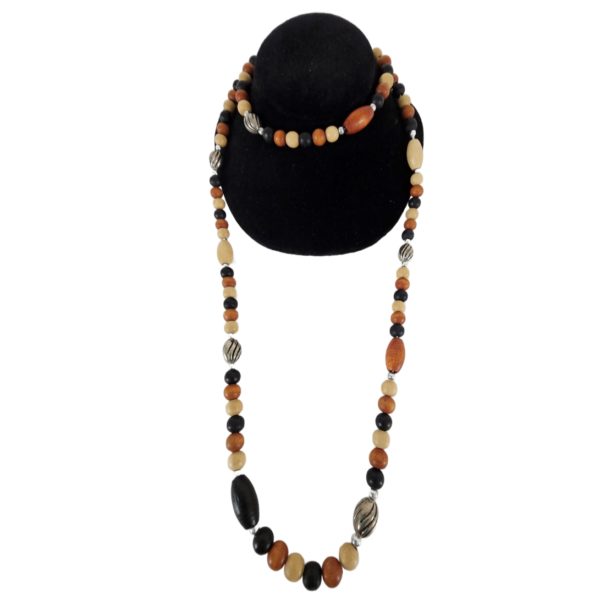 Black, Brown, Tan Natural Style Wood & Silvertone Bead Necklace 36 Inch