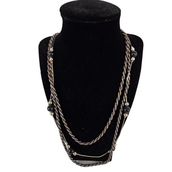 Vintage Black, Silver, Gold, Navy Blue Triple Strand Necklace 30 Inch