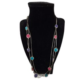 Vintage Triple Strand Purple, Pink, Green Resin Beads Silver Tone Necklace 22 Inch