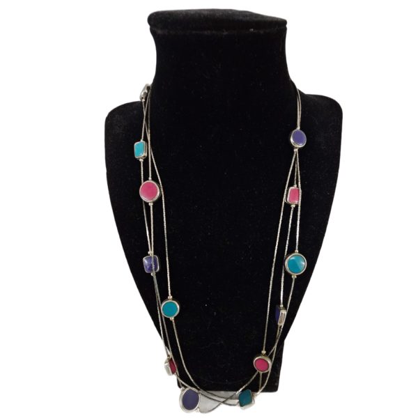 Vintage Triple Strand Purple, Pink, Green Resin Beads Silver Tone Necklace 22 Inch