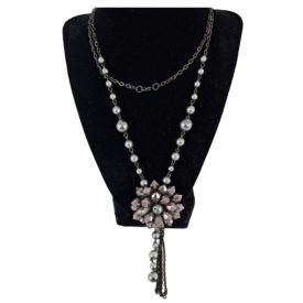 Vintage Gunmetal Gray Beaded Flower w/Tassels Black Chain Necklace 34 Inch