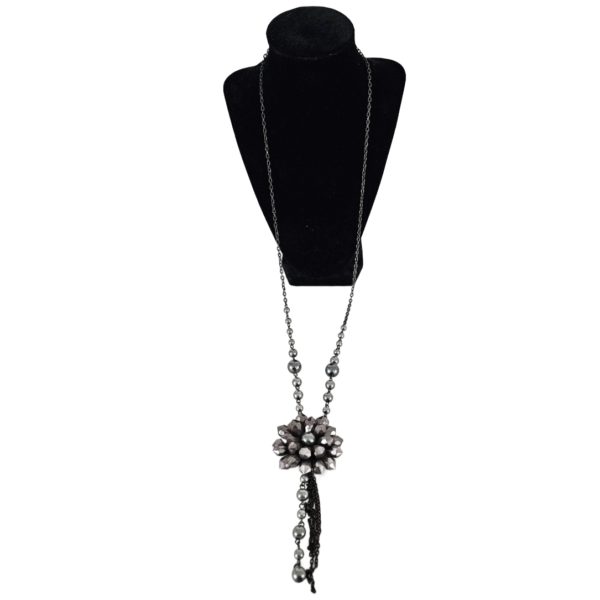 Vintage Gunmetal Gray Beaded Flower w/Tassels Black Chain Necklace 34 Inch