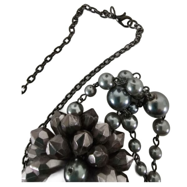 Vintage Gunmetal Gray Beaded Flower w/Tassels Black Chain Necklace 34 Inch