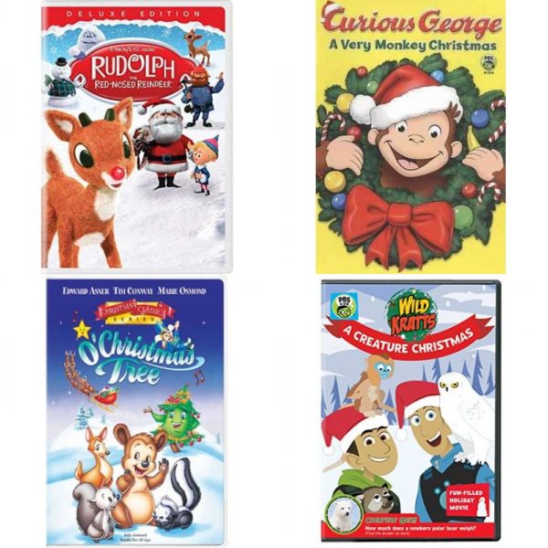 Christmas Holiday Movies DVD 4 Pack Assorted Bundle: Rudolph the Red-Nosed Reindeer  Universal Studios Curious George: A Very Monkey Christmas  O' Christmas Tree  Wild Kratts: A Creature Christmas