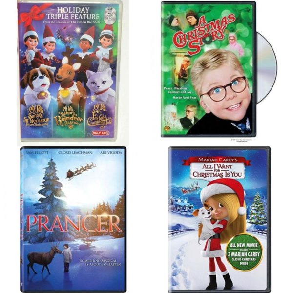 Christmas Holiday Movies DVD 4 Pack Assorted Bundle: Elf on the Shelf Elf Pets: Holiday Triple Feature Blu Ray  Combo  A Christmas Story Full-Screen Edition  Prancer  Mariah Careys All I Want for Christmas Is You