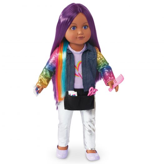 My Life As "Destiny Hairstylist" Posable 18 inch Doll, Purple and Rainbow Hair, Purple Eyes 7 Piece Set