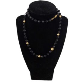 Vintage Black Onyx and Gold Hand Strung Beaded Necklace with 14K Gold Clasp 27"