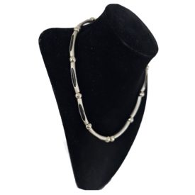 Silver Tone Ball & Cut-out Cylinder Bead Black Rubber Cord Necklace 17 Inch