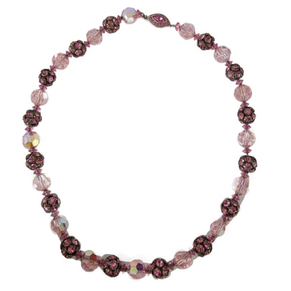 Gorgeous Pink Glass & Rhinestone Rondelle Beaded Necklace 16 Inch