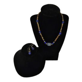 Vintage Lapis & Golden Pearls Beaded Necklace 18 Inch & Earring Set