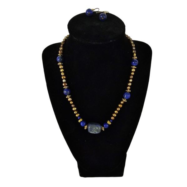 Vintage Lapis & Golden Pearls Beaded Necklace 18 Inch & Earring Set