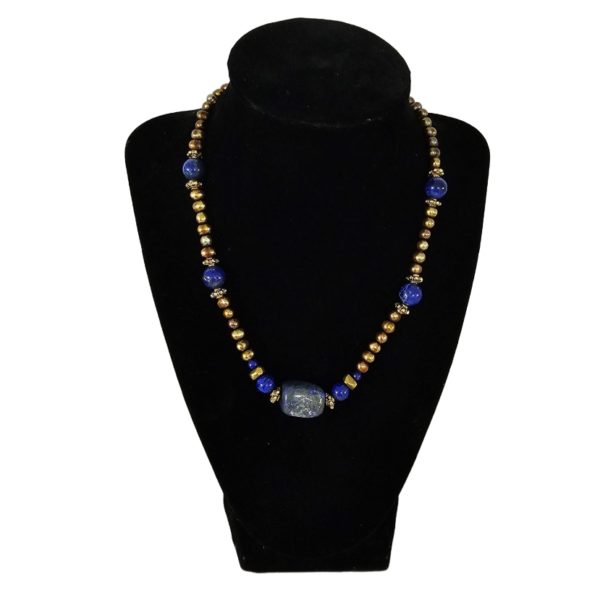 Vintage Lapis & Golden Pearls Beaded Necklace 18 Inch & Earring Set