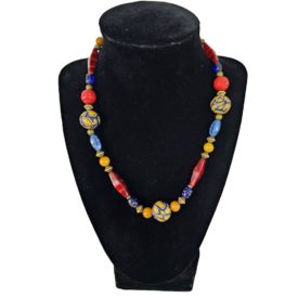 Multicolor African Style Glass & Wood Bead Necklace 16 Inch