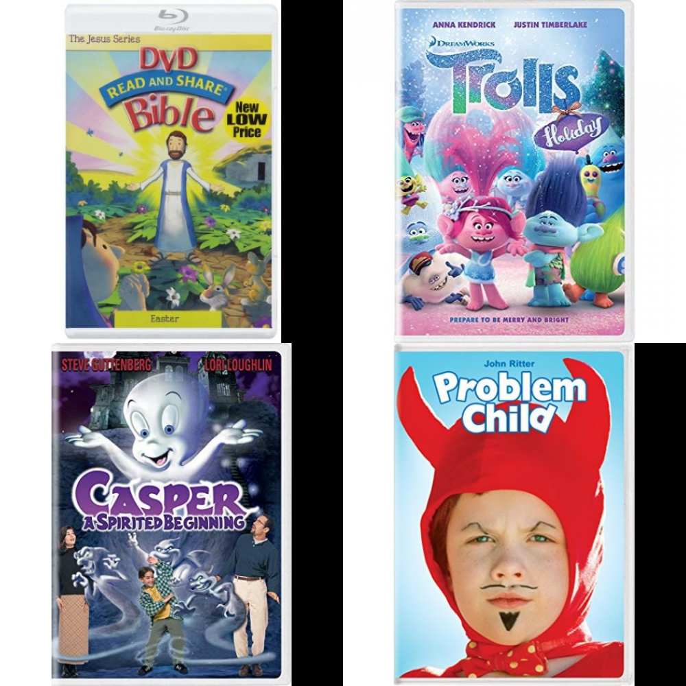 Children's Movies 4 Pack Fun Gift Bundle: The Jesus Series - Easter: Read and Share Bible, Trolls Holiday, Casper: A Spirited Beginning, Problem Child - Bookstore Gift Shop