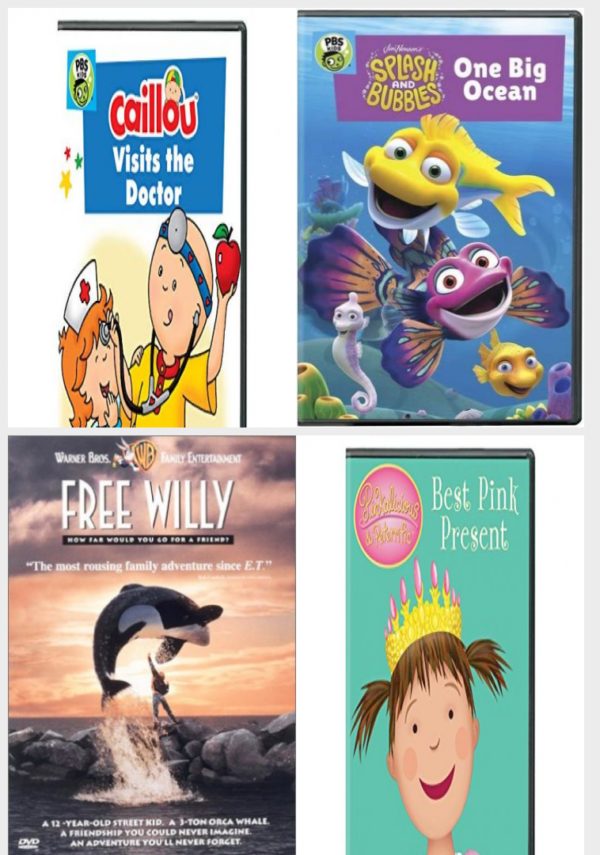 DVD Children's Movies 4 Pack Fun Gift Bundle: Caillou: Caillou Visits the Doctor, Splash & Bubbles: One Big Ocean, Free Willy Snap Case, Pinkalicious & Peterrific: Best Pink Present