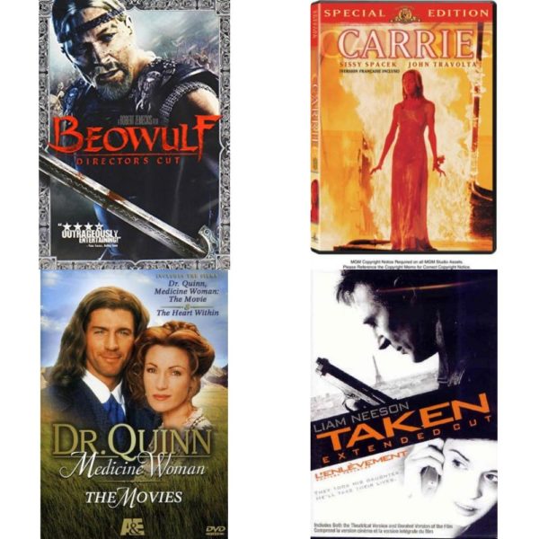 DVD Assorted Movies 4 Pack Fun Gift Bundle: Beowulf Unrated Director's Cut  Carrie  Dr Quinn Medicine Woman & The Heart Within  Taken Single-Disc Extended Cut