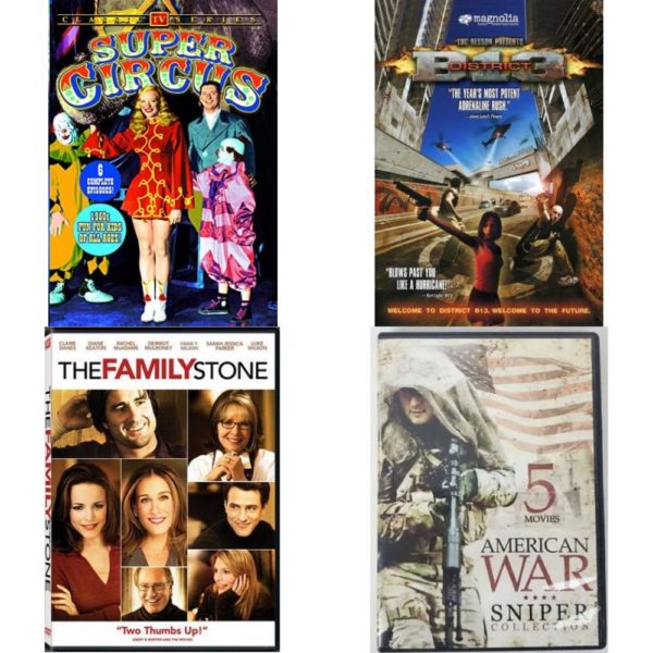 DVD Assorted Movies 4 Pack Fun Gift Bundle: Super Circus: Volume 1  District B13  The Family Stone Full Screen Edition  5 Movies American War Sniper Collection