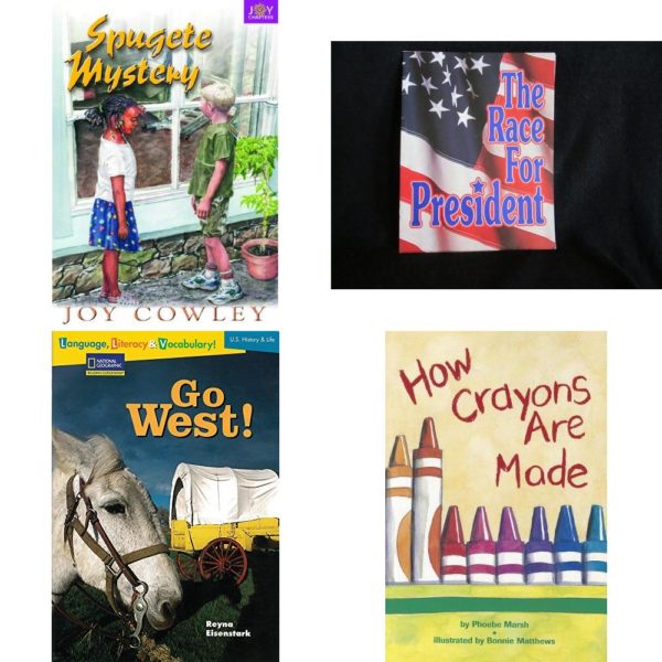 Children's Fun & Educational 4 Pack Paperback Book Bundle (Ages 6-12): SPUGETE MYSTERY Dominie Joy Chapter Books, The Race for President, Language, Literacy & Vocabulary - Reading Expeditions U.S. History and Life: Go West! Rise and Shine, How Crayons Are Made Comprehension Power Readers