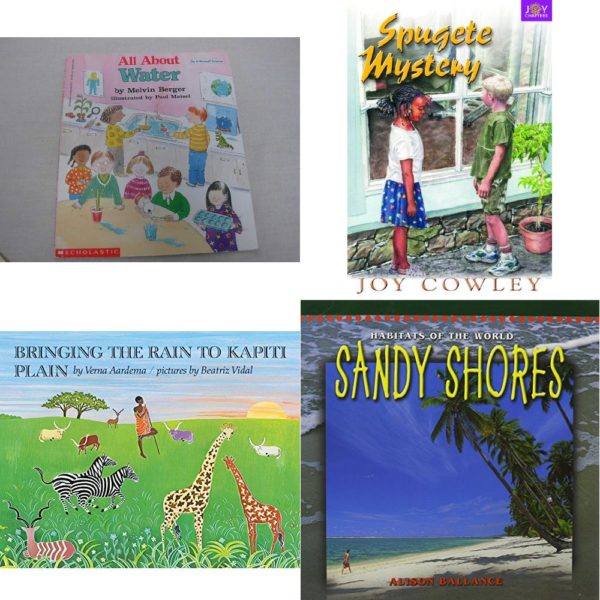 Children's Fun & Educational 4 Pack Paperback Book Bundle (Ages 6-12): All About Water Do-It-Yourself Science, SPUGETE MYSTERY Dominie Joy Chapter Books, Bringing the Rain to Kapiti Plain Rise and Shine, SANDY SHORES Dominie Habitats del Mundo