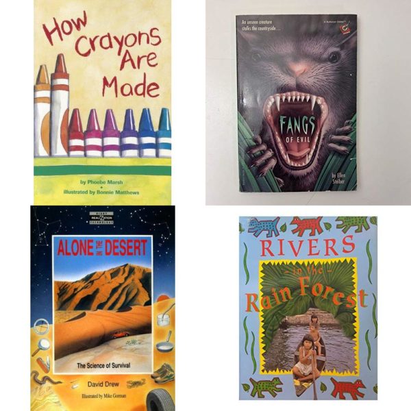 Children's Fun & Educational 4 Pack Paperback Book Bundle (Ages 6-12): How Crayons Are Made Comprehension Power Readers, FANGS OF EVIL Bullseye chillers Mar 01, 1994 Steiber, Ellen, Alone in the Desert: The Science of Survival Realizations, Rivers in the Rain Forest Deep in the Rain Forest