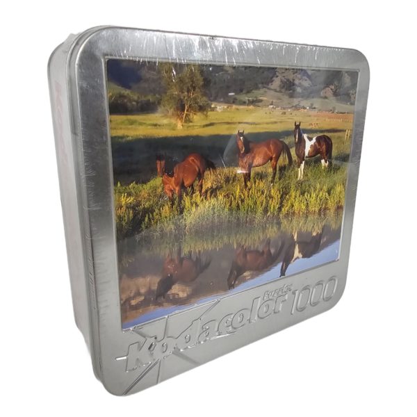 Kodacolor Horses In Pasture On River Bank 1000 Piece Jigsaw Puzzle In Tin