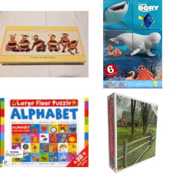Assorted Puzzles 4 Pack Bundle: Anne Geddes Baby Babies Bumblebee 700 Piece 34x12 Made in USA Ceaco 1997 No. 2901-2, Cardinal Disney Finding Dory 6 Puzzle Pack, Alphabet Large Floor Puzzle, Vintage 1980s Guild Green Pasture 1000 Piece Jigsaw Puzzle 4777