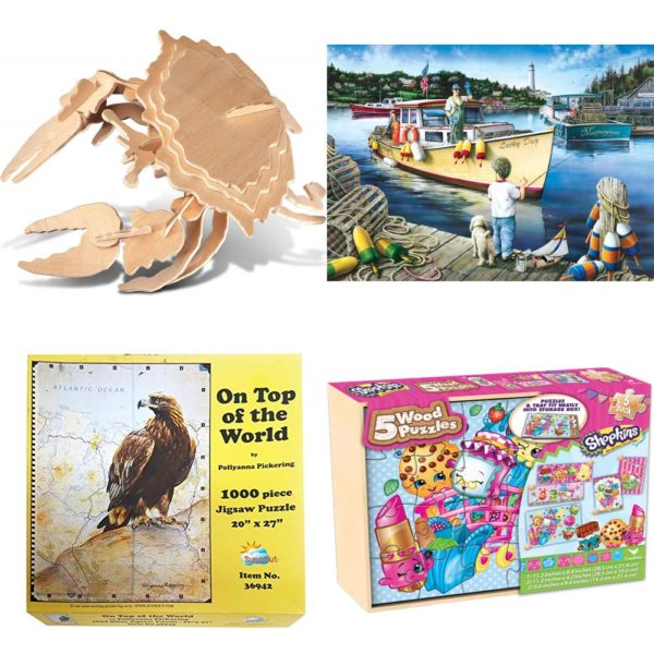 Assorted Puzzles 4 Pack Bundle: 3D Puzzles - Crab, MasterPieces Childhood Dreams Jigsaw Puzzle, Lucky Day, Featuring Art by Dan Hatala, 1000 Pieces, Pollyanna Pickering On Top Of The World Eagle Map 1000Pc Jigsaw Puzzle, Shopkins Kids 5-Pack Puzzle Set In Wood Storage Box