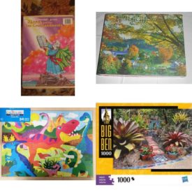 Assorted Puzzles 4 Pack Bundle: Moses and the Ten Commandments 12 Piece Tray Puzzle Preschool, Vintage Golden Guild 1000 Piece Puzzle Fall in East Topsham, Creatology Wood Jigsaw Puzzle 24 Piece Colorful Dinosaurs, Hasbro Big Ben 1000 piece Puzzle - Tropical Meditation Garden
