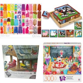 Assorted Puzzles 4 Pack Bundle: Buffalo Games "Frosty Treats" 1500 Piece Jigsaw Puzzle Melissa & Doug Farm Wooden Cube Puzzle With Storage Tray - 6 Puzzles in 1 16 pieces Flights of Fancy "Backyard Birds Fall Feast" 550 Piece Puzzle 24"x18" Big Ben "Ice Cream Social" 300-Piece Jigsaw Puzzle