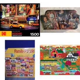 Assorted Puzzles 4 Pack Bundle: Kodak Bright Lights Big City NYC 1500 Piece Puzzle, Star Wars Bounty Hunters 500 Piece Jigsaw Puzzle In Collectible Tin 2002, White Mountain Puzzles Candy Fun Family Puzzle, 500 Pieces, Autumn Harvest 300 Piece Jigsaw Puzzle