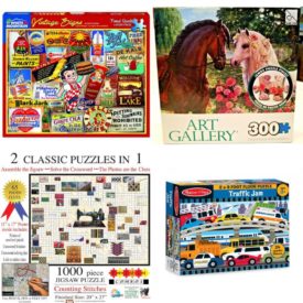 Assorted Puzzles 4 Pack Bundle: White Mountain "Vintage Signs" 1000 Piece Jigsaw Puzzle, 300 Piece Art Gallery Puzzle - Over The Fence - Jumbo Pieces, Puzzle Combos: "Counting the Stitches" 1000 Piece Crossword Jigsaw Puzzle By Sunsout, Melissa & Doug Traffic Jam Jumbo Jigsaw Floor Puzzle 24 pcs, 2 x 3 feet long