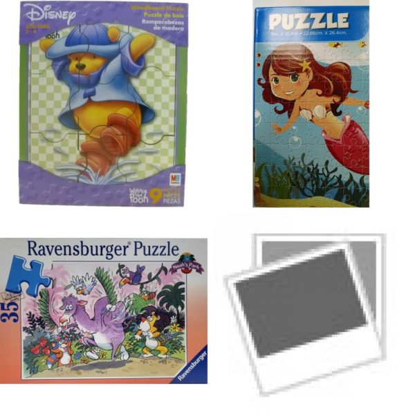 Assorted Puzzles 4 Pack Bundle: Disney Winnie The Pooh Playing in the Rain Puddle 9 Piece Woodboard Puzzle, 100 Piece Cartoon Mermaid Jigsaw Puzzle, Ravensburger Puzzle Noahs Park 35 Piece - Honk Wants to Fly, Disney Frozen Growth Chart Puzzle Kit