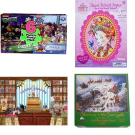 Assorted Puzzles 4 Pack Bundle: 6 Puzzle Party Pack: Paw Patrol, Blaze and the Monster Machines & Ninja Turtles 6 items, Fancy Nancy Cameo Portrait Puzzle Butterflies 20 Piece Royal Velvet Puzzle Activity Set with Display Easel, Cobble Hill "The Candy Shoppe" 1000 Piece Jigsaw Puzzle, Christmas In The Countryside 500 Piece Jigsaw Puzzle