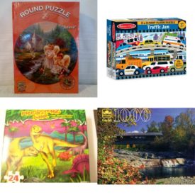 Assorted Puzzles 4 Pack Bundle: Believe Round Puzzle from  Master Pieces  19 1/2 inch round and 500 pieces The art of Dona Gelsinger, Melissa & Doug Traffic Jam Jumbo Jigsaw Floor Puzzle 24 pcs, 2 x 3 feet long, Prehistoric Park 24 Piece Dinosaur Puzzle Raptor Pals, Vintage Golden Guild 1000 Piece Puzzle Covered Bridge Swiftwater, New Hampshire