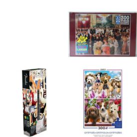 Assorted Puzzles 4 Pack Bundle: Chateau Girls Sports Wall Clock Puzzle, FX Schmid The Viennese Ball 300 Piece Jigsaw Puzzle, Fender Custom Guitar Slim 1000 Piece Puzzle, Ceaco 2 in 1 Oversized 300 Piece Puzzles Multipack  - Dogs