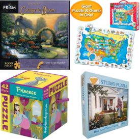 Assorted Puzzles 4 Pack Bundle: John Zaccheo - Cottage in Bloom - 1000 Piece Puzzle, The Learning Journey Puzzle Doubles – Find It! USA – 50 Piece Puzzle - Toddler Toys & Gifts for Boys & Girls Ages 3 and Up - Award Winning Puzzle, Mudpuppy Princess 42 Piece Puzzle, 2004 John Sloane Bits and Pieces Studio Puzzle Labor of Love  1000 Piece Puzzle