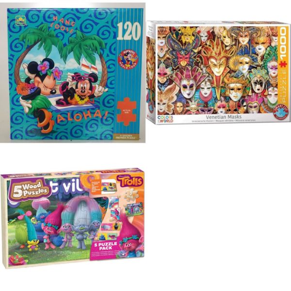 Assorted Puzzles 4 Pack Bundle: Golden Premier Disney Mickey's World Tour 1992 US Hawaii 120 Piece Puzzle, EuroGraphics Venetian Mask 1000-Piece Puzzle, Trolls Kids 5-Pack Puzzle Set In Wood Storage Box, Wild Ones Nature Jigsaw Puzzle Eagle 1000 Interlocking Pieces Octegon Box