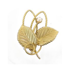 Vintage 1950's Gold Tone Textured Leaf & Genuine Pearl Pin Brooch