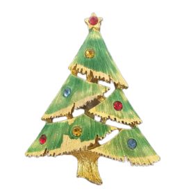 Vintage 1980's Gold Tone Christmas Tree Colored Rhinestone Pin Brooch 1.75"