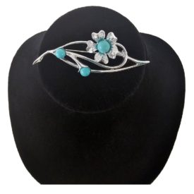 Vintage 1960's Sarah Coventry Silver Tone & Turquoise Cabochon Flower Pin Brooch