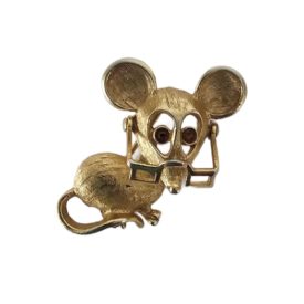 Vintage 1970's Avon Mouse Brooch Pin Movable Glasses Rhinestone Eyes Gold Tone