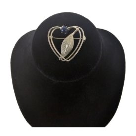 Vintage Silver Tone Wire Heart Single Leaf & Blue Bead Pin Brooch