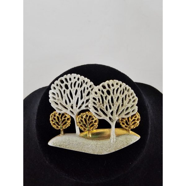 Vintage AJC Signed White Enamel Glitter Snowy & Goldtone Filigree Trees Pin Brooch