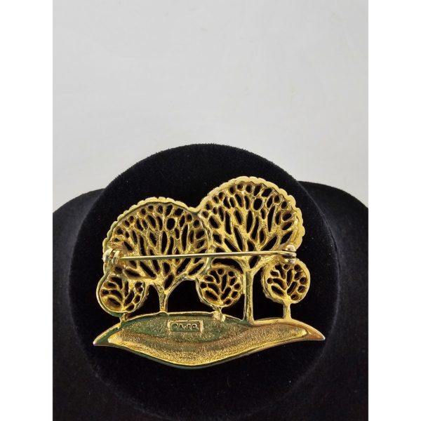 Vintage AJC Signed White Enamel Glitter Snowy & Goldtone Filigree Trees Pin Brooch