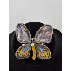 Vintage Butterfly Brooch Pin Wrapped Wire Faux Pearl Pink Purple Yellow