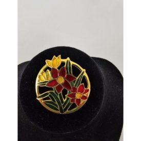 Vintage 1970's  Floral Circle Pin Red Green Yellow Enamel Gold Tone